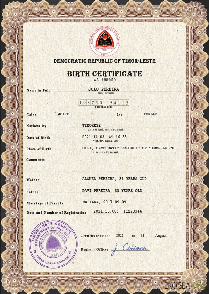 Modèle PSD de certificat de naissance d'état civil du Timor Leste